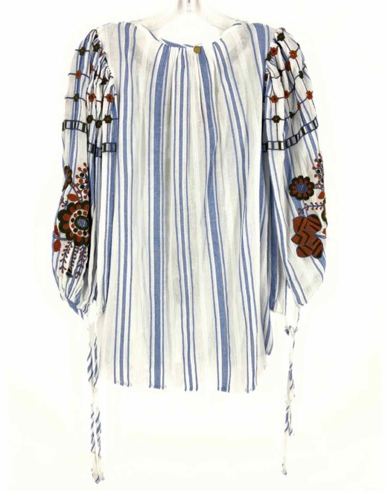 Antik Batik Size XS White/Multi Stripe Embroidered Designer Top-3/4 Sleeve - Image 2
