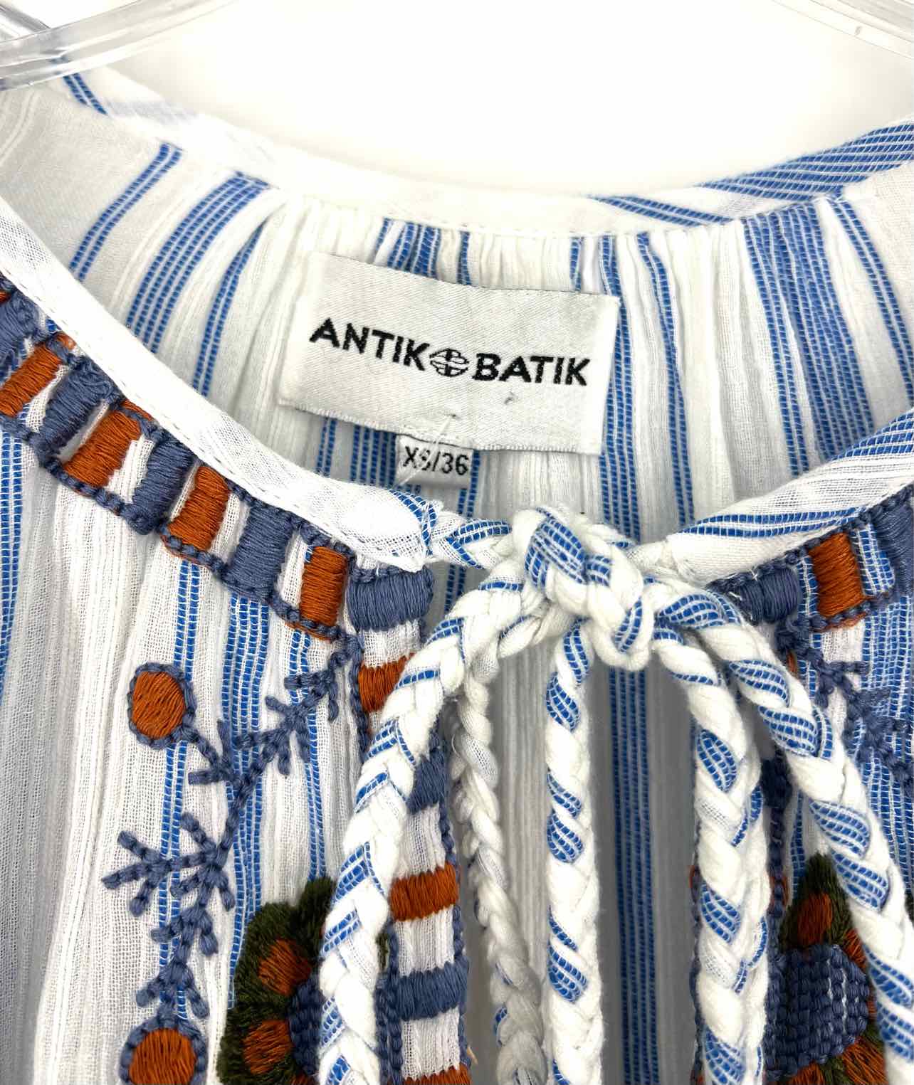 Antik Batik Size XS White/Multi Stripe Embroidered Designer Top-3/4 Sleeve - Image 3