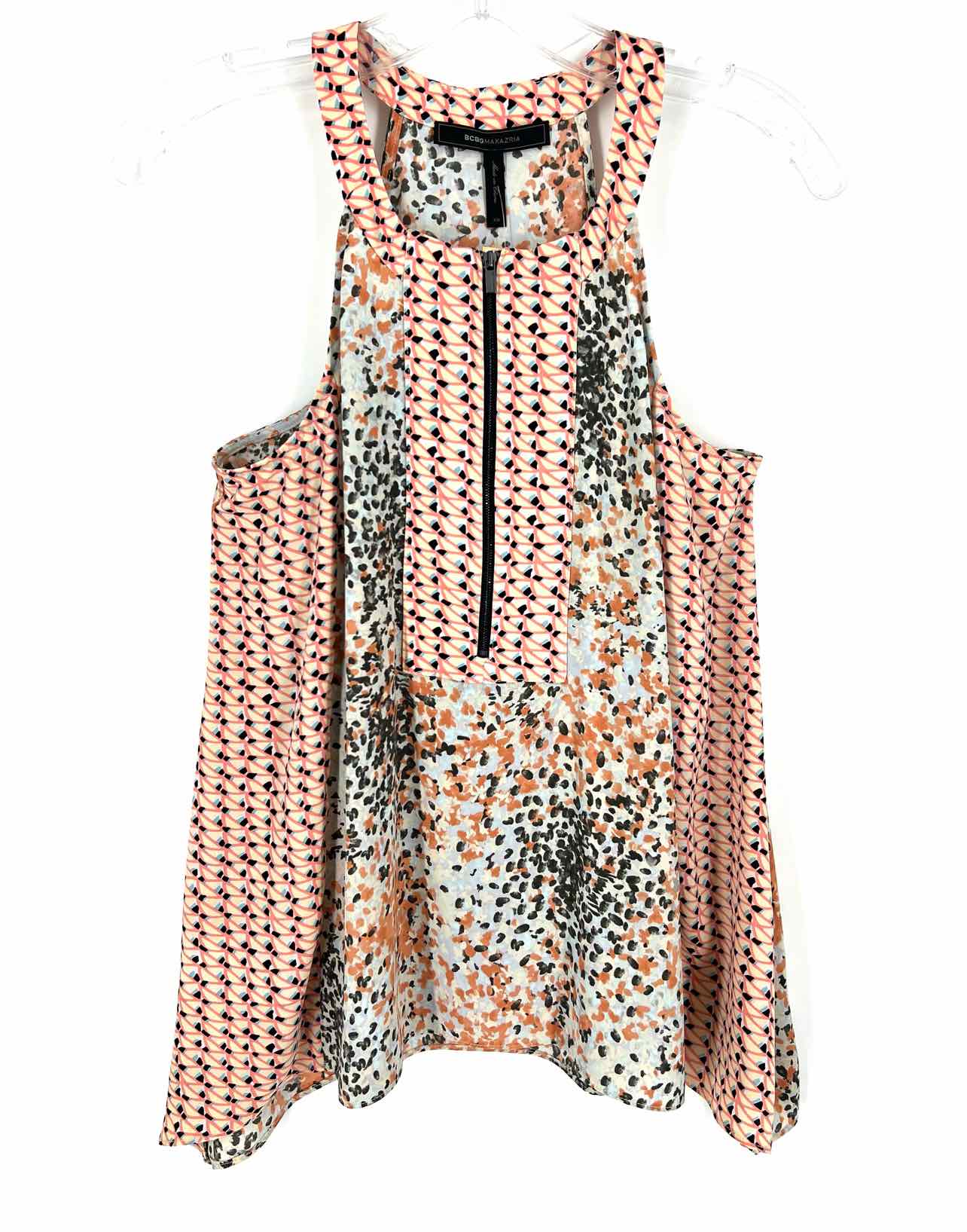 BCBGMaxazria Size XS Coral/Multi Multi-Print Blocked Designer Top-Sleeveless