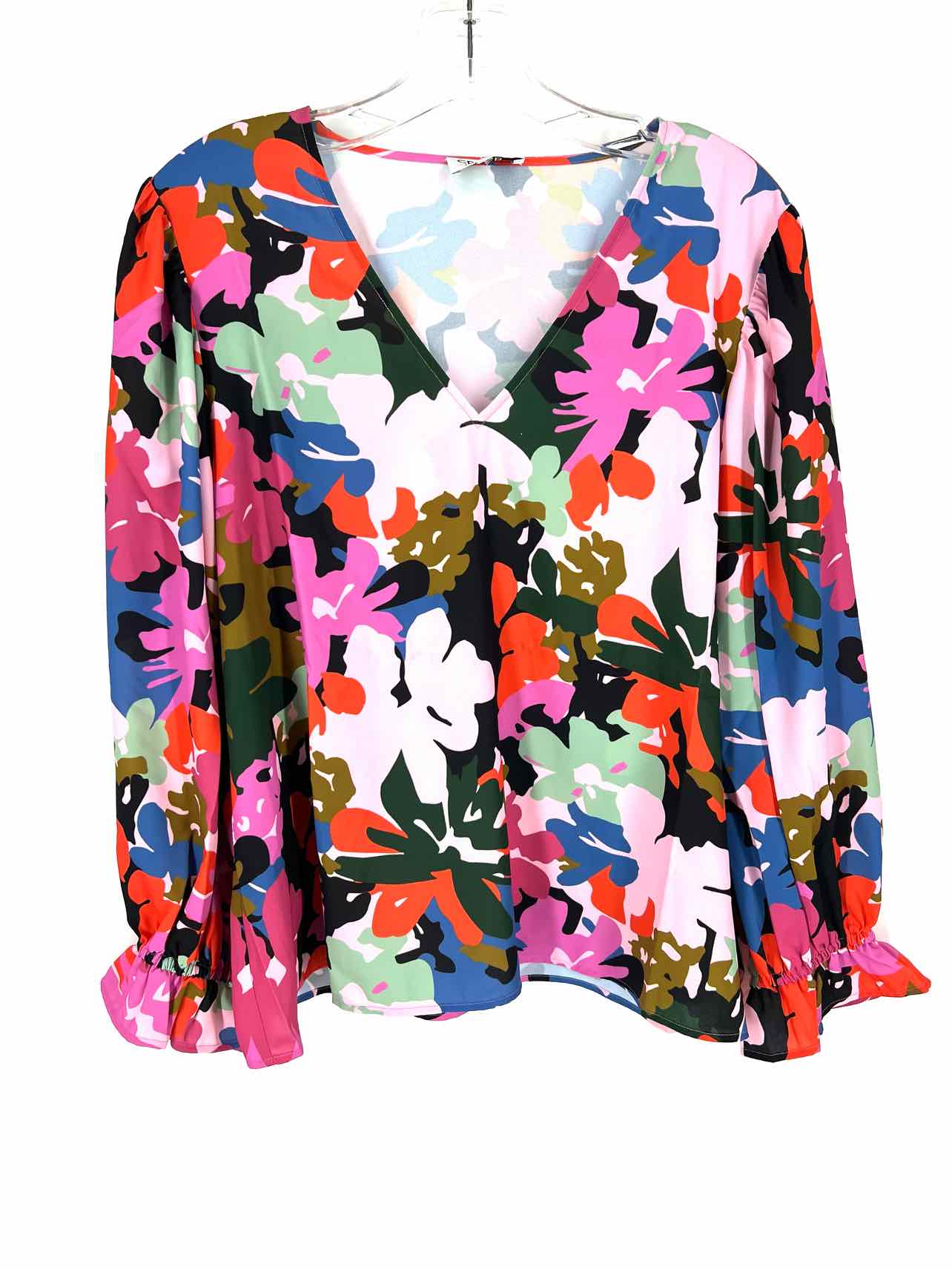 Crosby Size XL Pink/Multi Floral Balloon Sleeve Tops Top-Long Sleeve