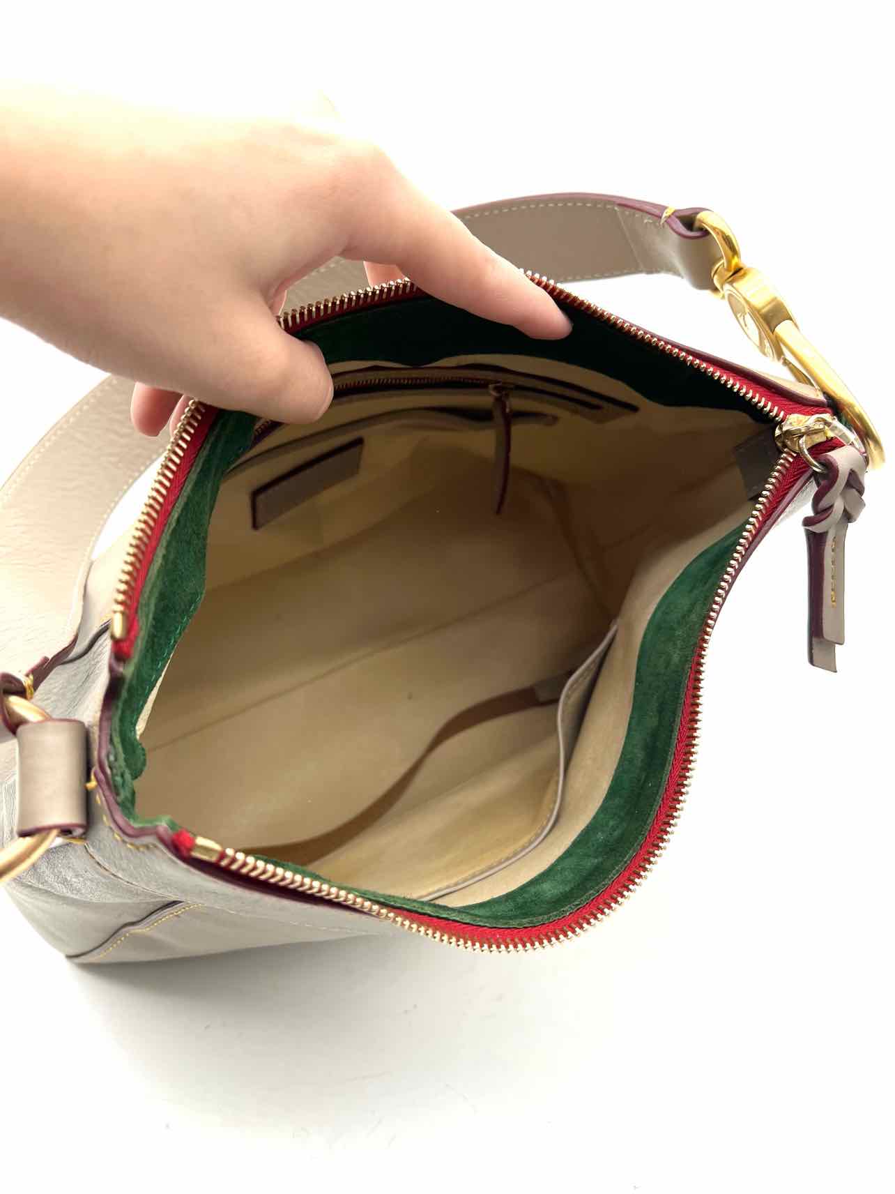 Dooney & Bourke Size L Taupe/Gold Hobo Buckle Leather Designer Purse - Image 7