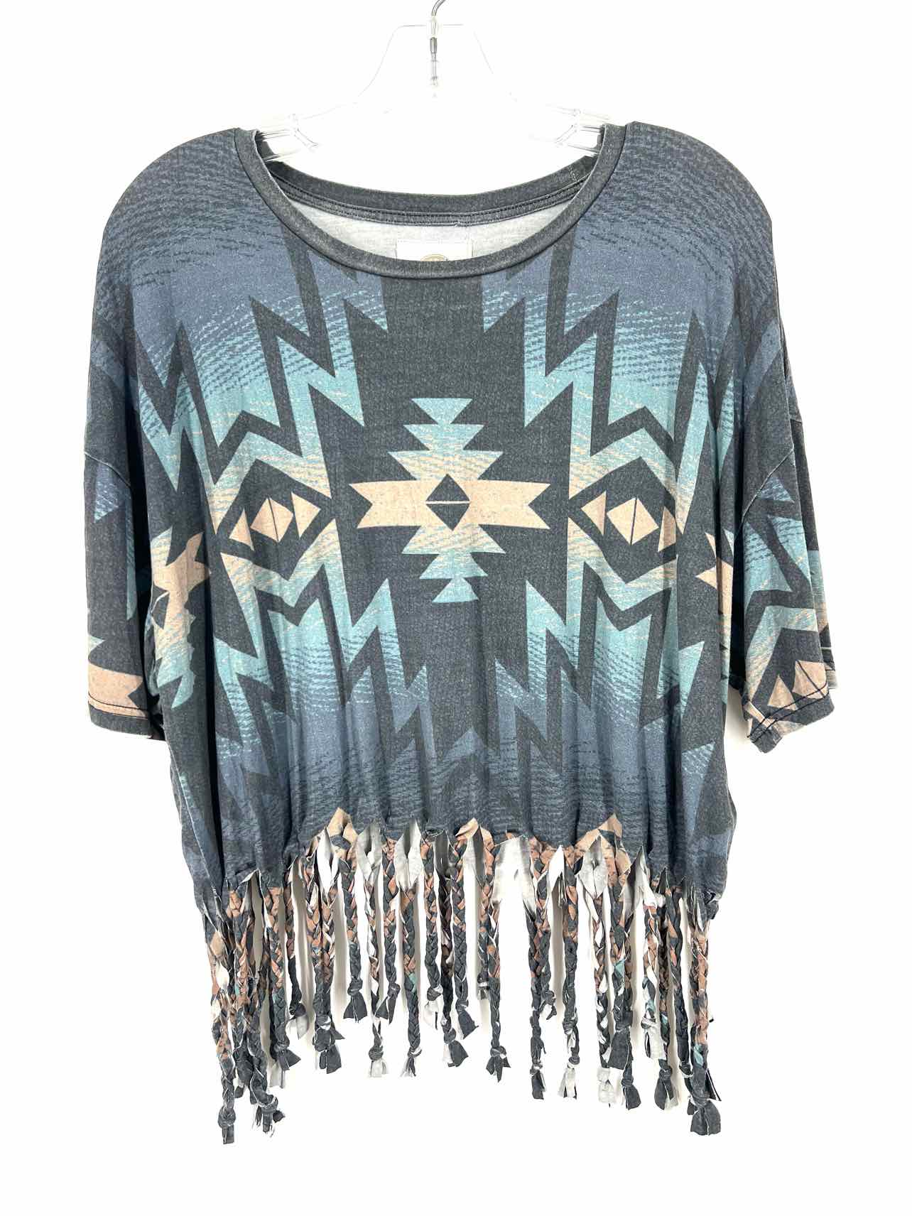 Double D Ranch Size XL Gray/Blue Southwestern Fringe Designer Top-Short Sleeve