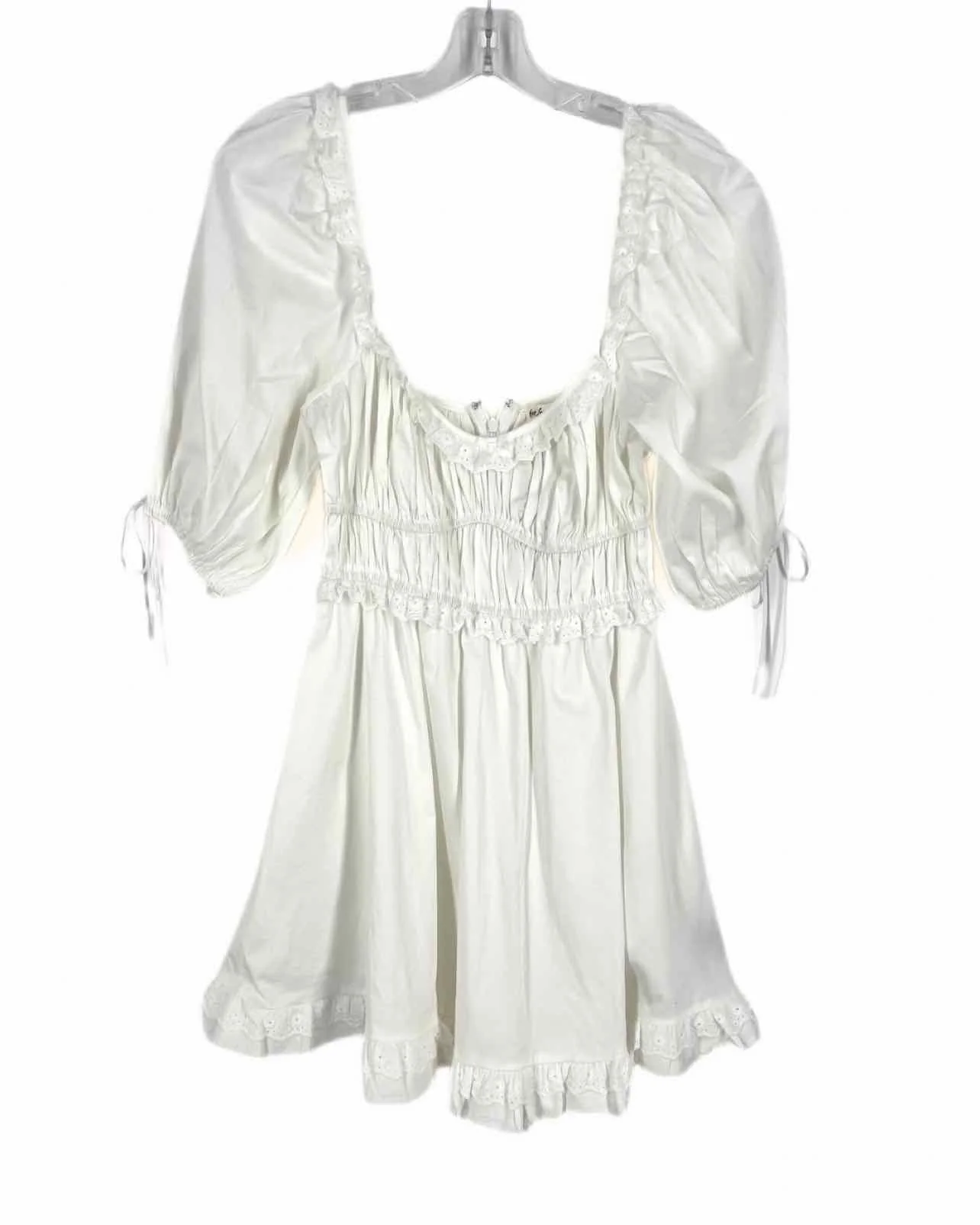 For Love & Lemons Size S White Shirred Ruffle Trim Designer Dress