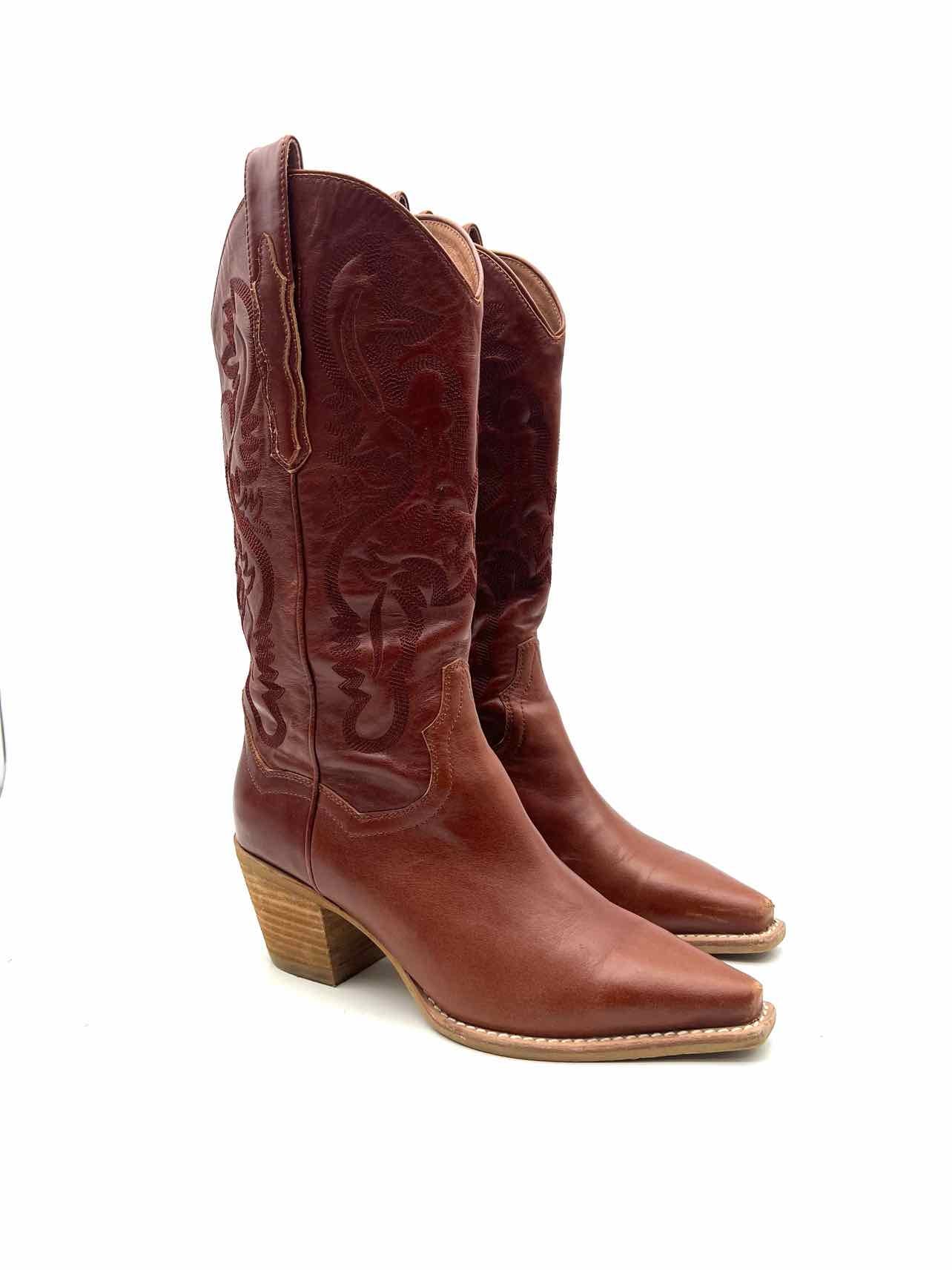 Jeffrey Campbell Size 7 Cognac Stitched Leather Designer Cowboy Boots