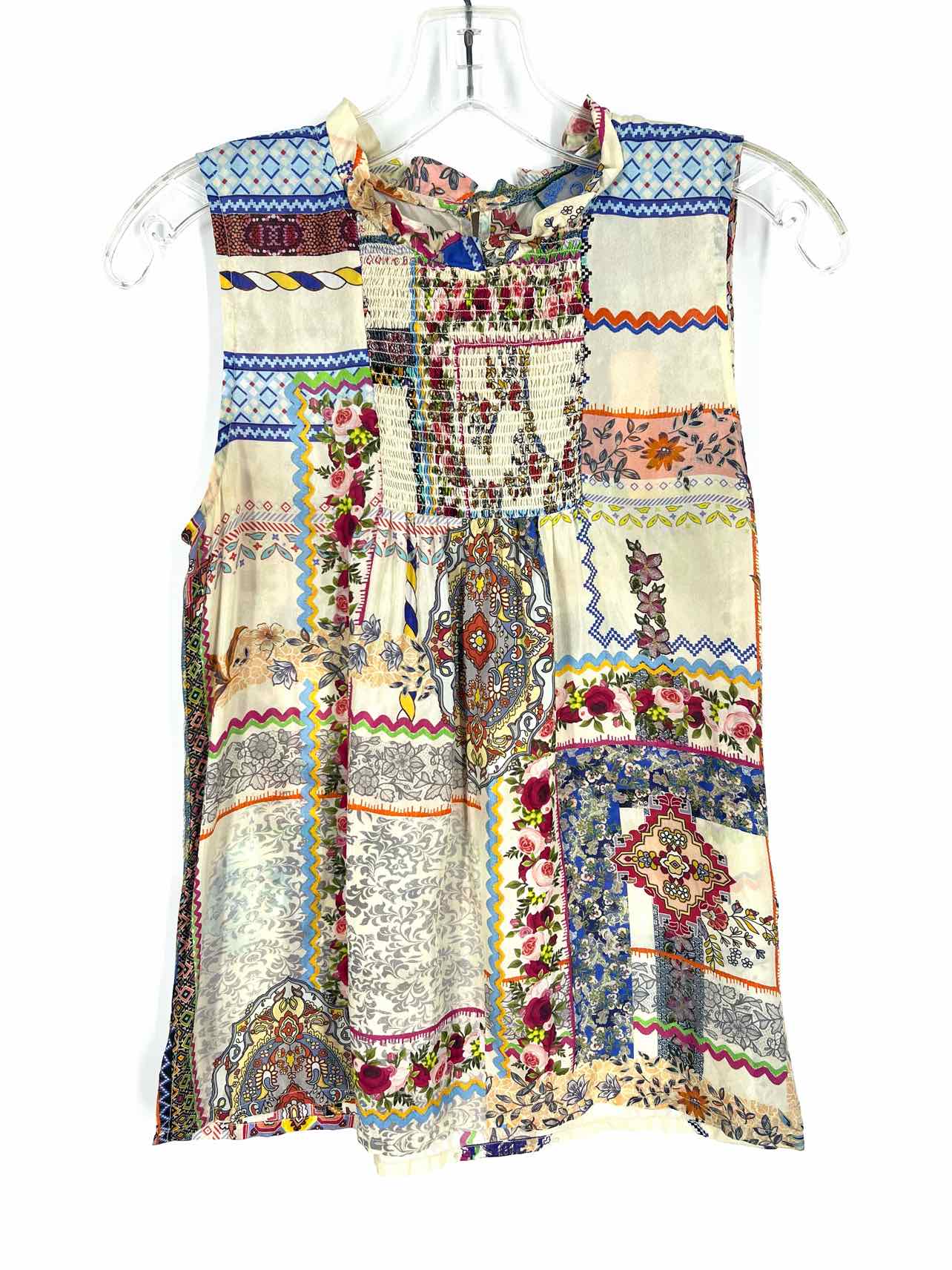 Johnny Was Size XXS Beige/Multi Floral Silk Designer Top-Sleeveless