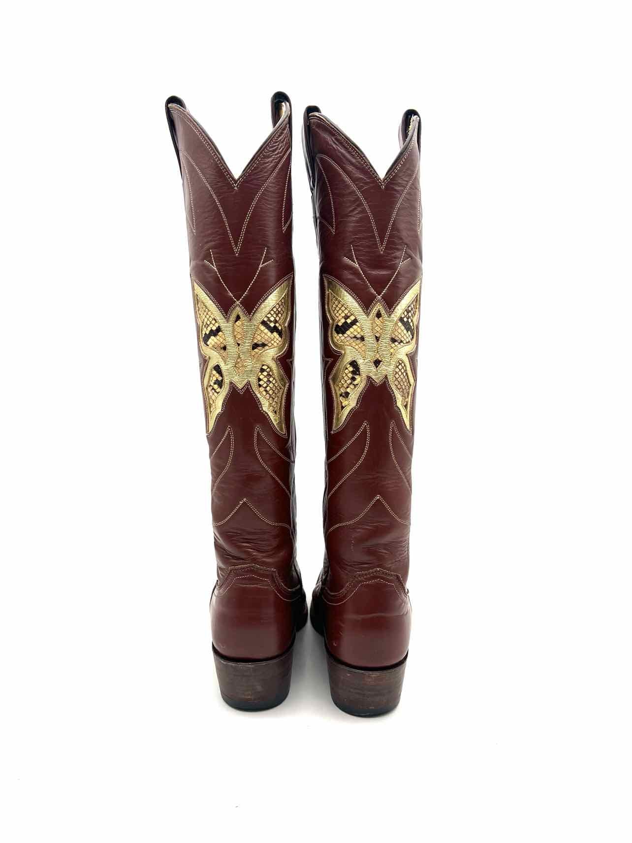 Justin Size 5 R Brown/Cream Butterflies Leather Vintage Designer Cowboy Boots - Image 2