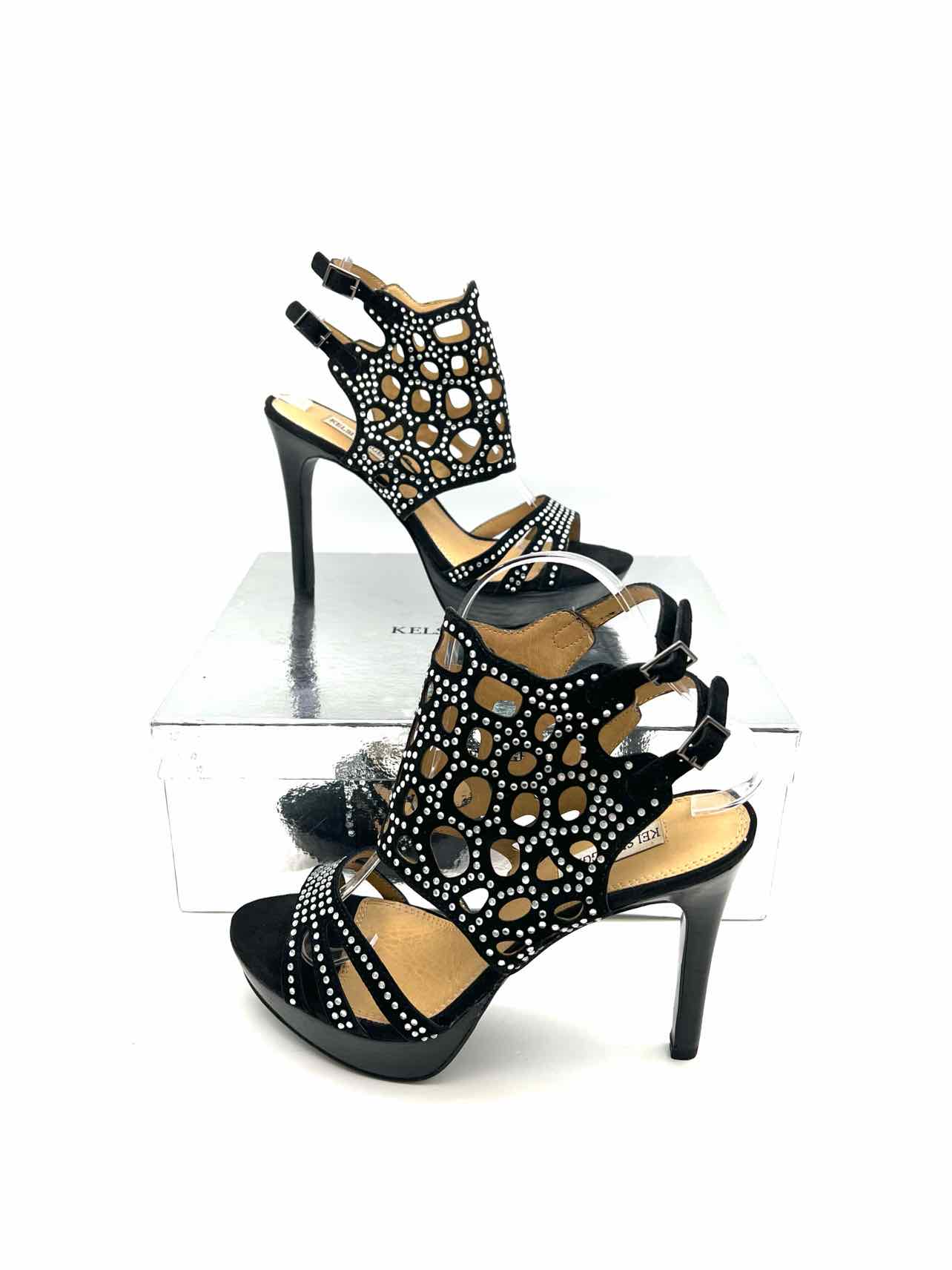 Kelsi Dagger Size 7.5 Black/Silver Rhinestones Suede W/ BOX!!! Sandals Heels - Image 3