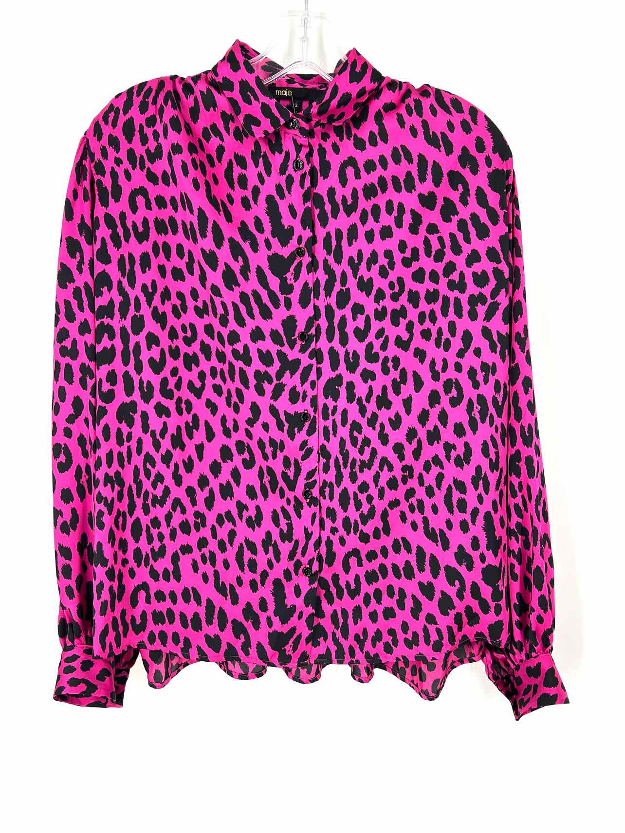 Maje Size 2 Magenta/Black Animal Print Gathered Designer Blouse