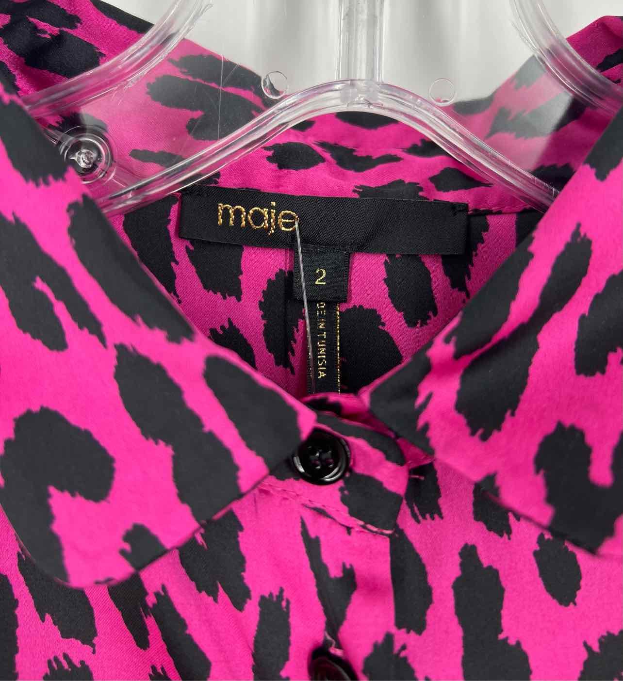 Maje Size 2 Magenta/Black Animal Print Gathered Designer Blouse - Image 3