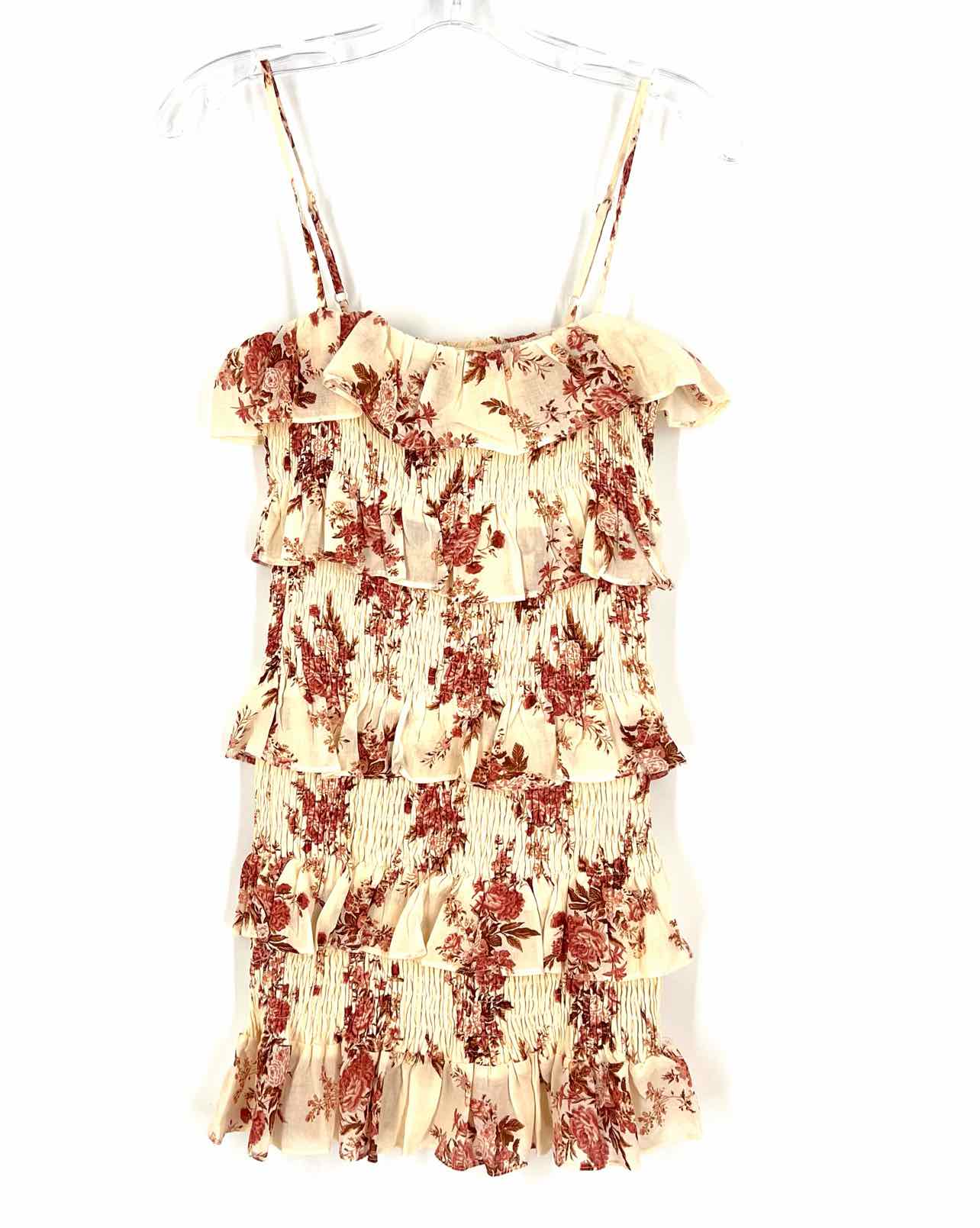 Olivaceous Size M Cream/Rose Floral Shirred Designer Dress