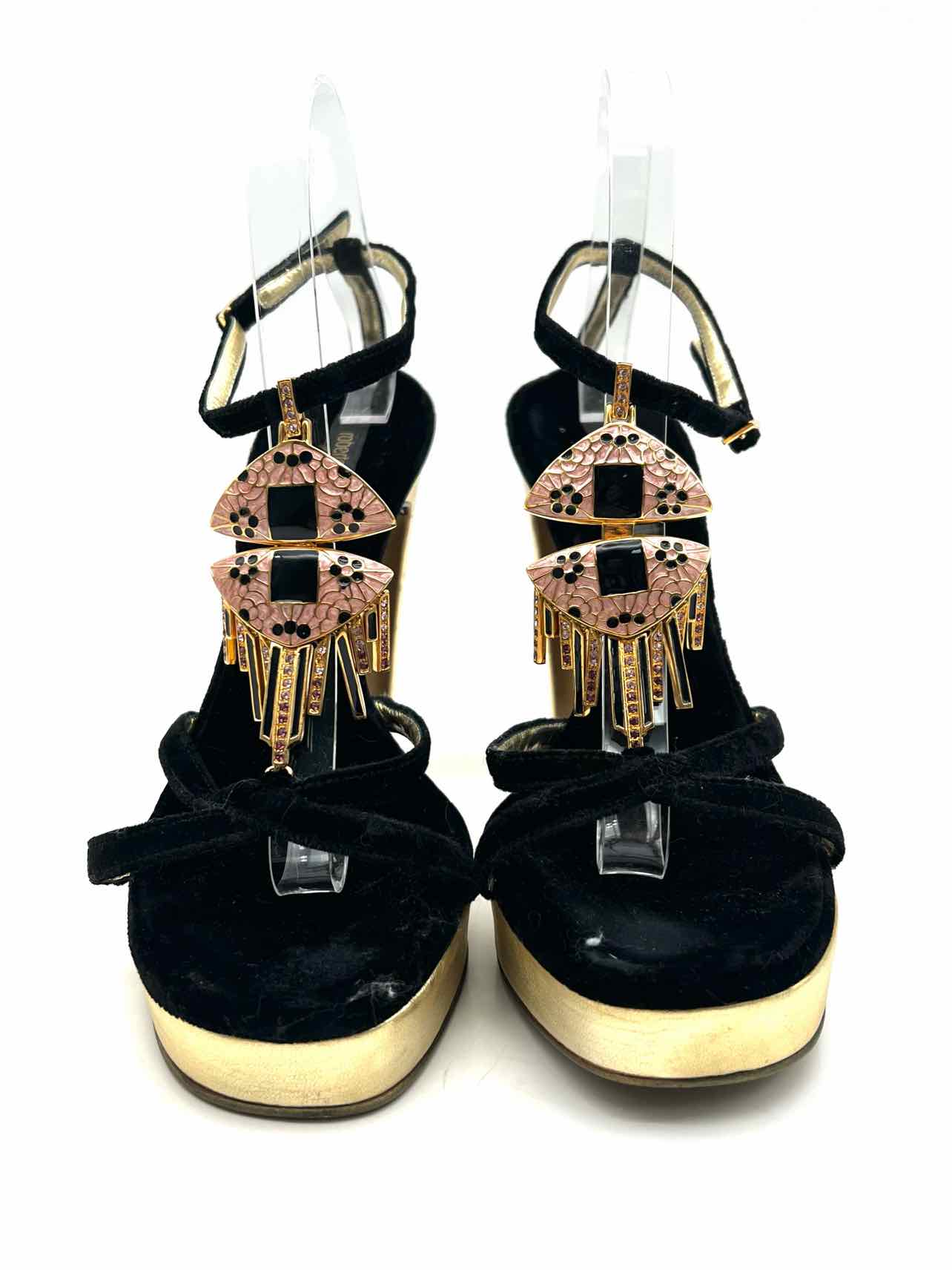 Roberto Cavalli Size 10.5 Bk/Pk/Gld Embellished Velvet AS IS Designer Heels - Image 2