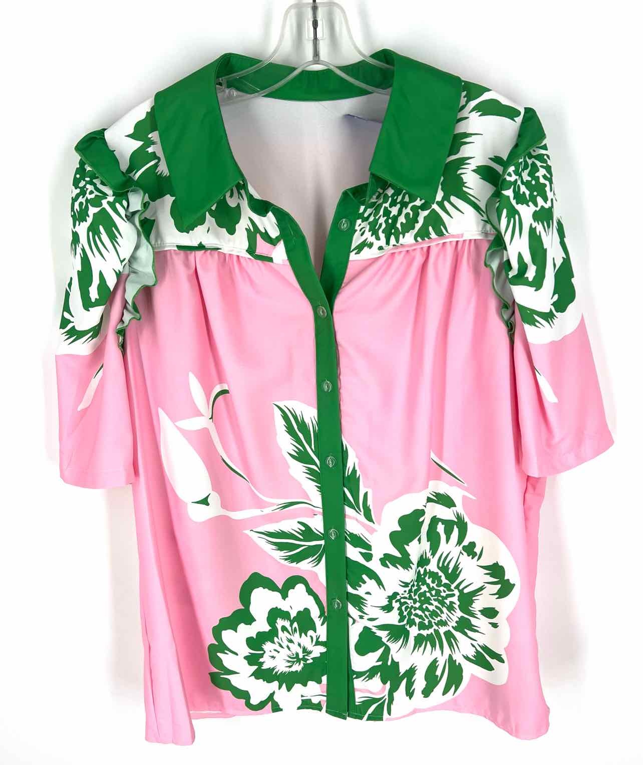 Size XL Pk/Gr/Wh Floral Puff Sleeve Tops Blouse