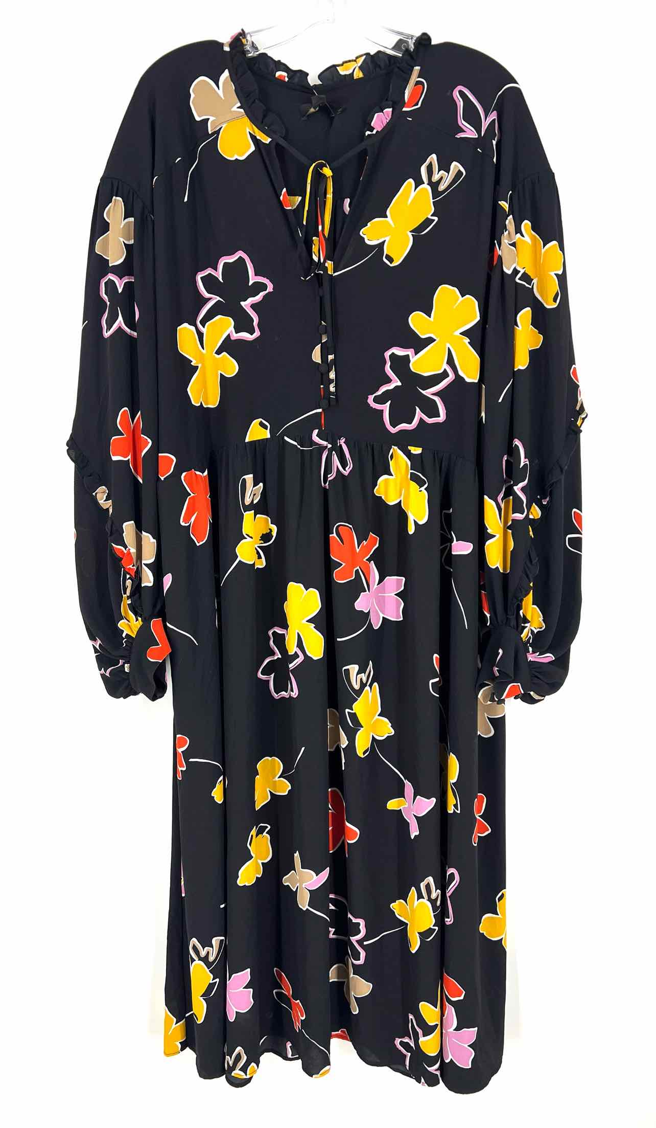 Ted Baker Size 12 Black/Multi Floral Tie Front Designer Dress Maxi-Plus