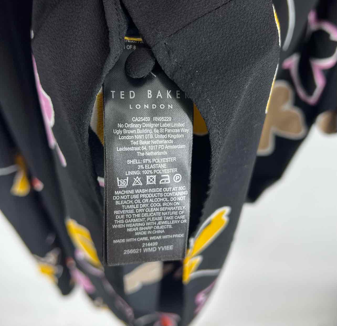 Ted Baker Size 12 Black/Multi Floral Tie Front Designer Dress Maxi-Plus - Image 4
