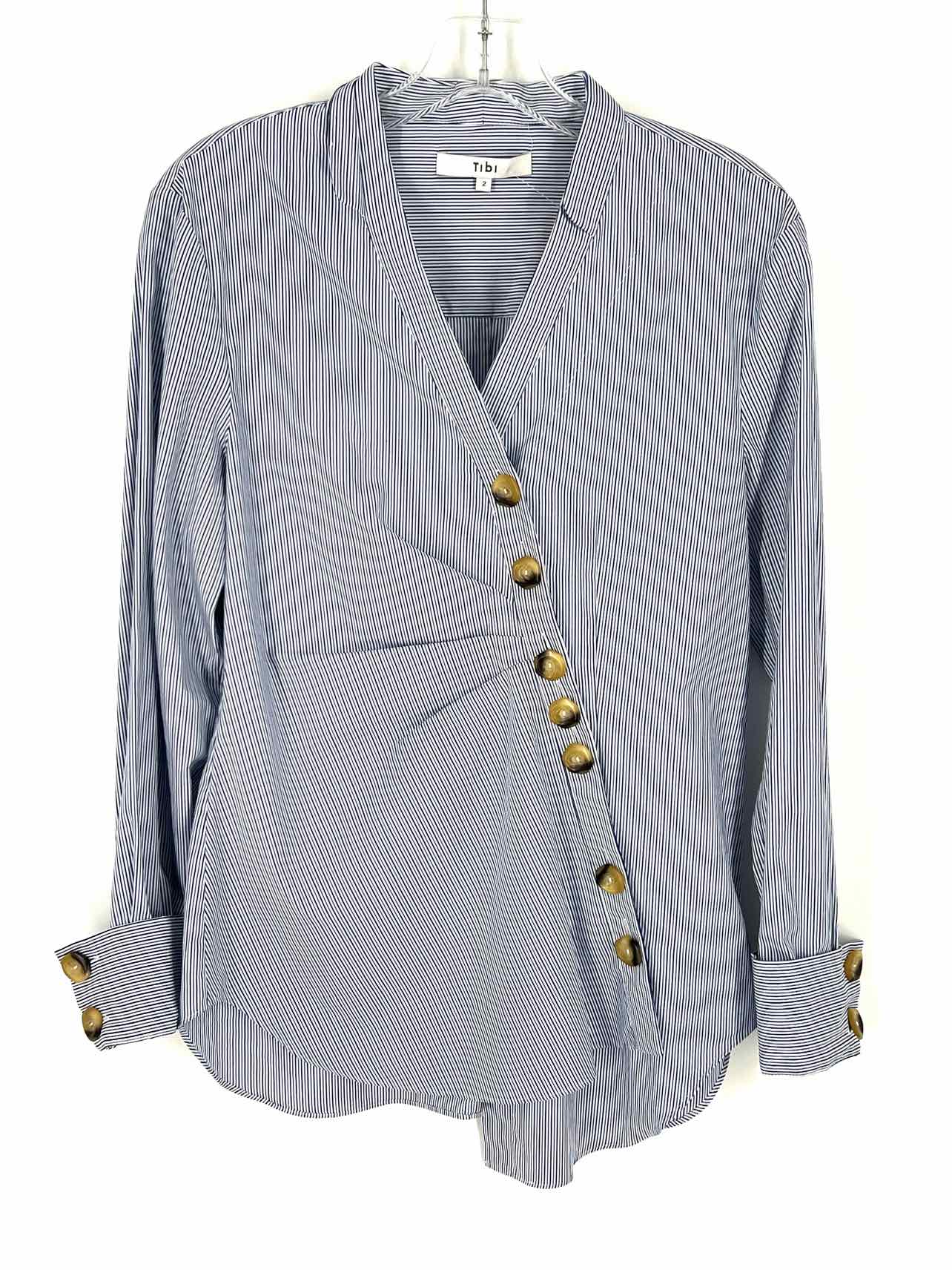Tibi Size 2 Bl/Wh/Nvy Stripe Ruched Designer Blouse