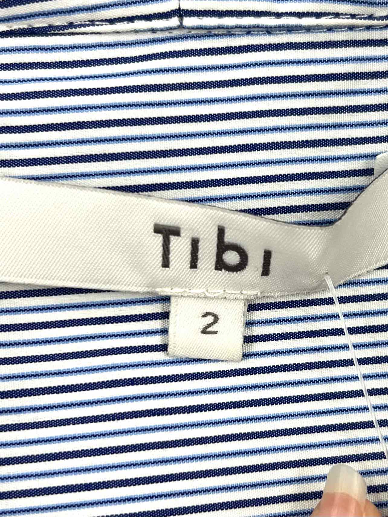 Tibi Size 2 Bl/Wh/Nvy Stripe Ruched Designer Blouse - Image 3