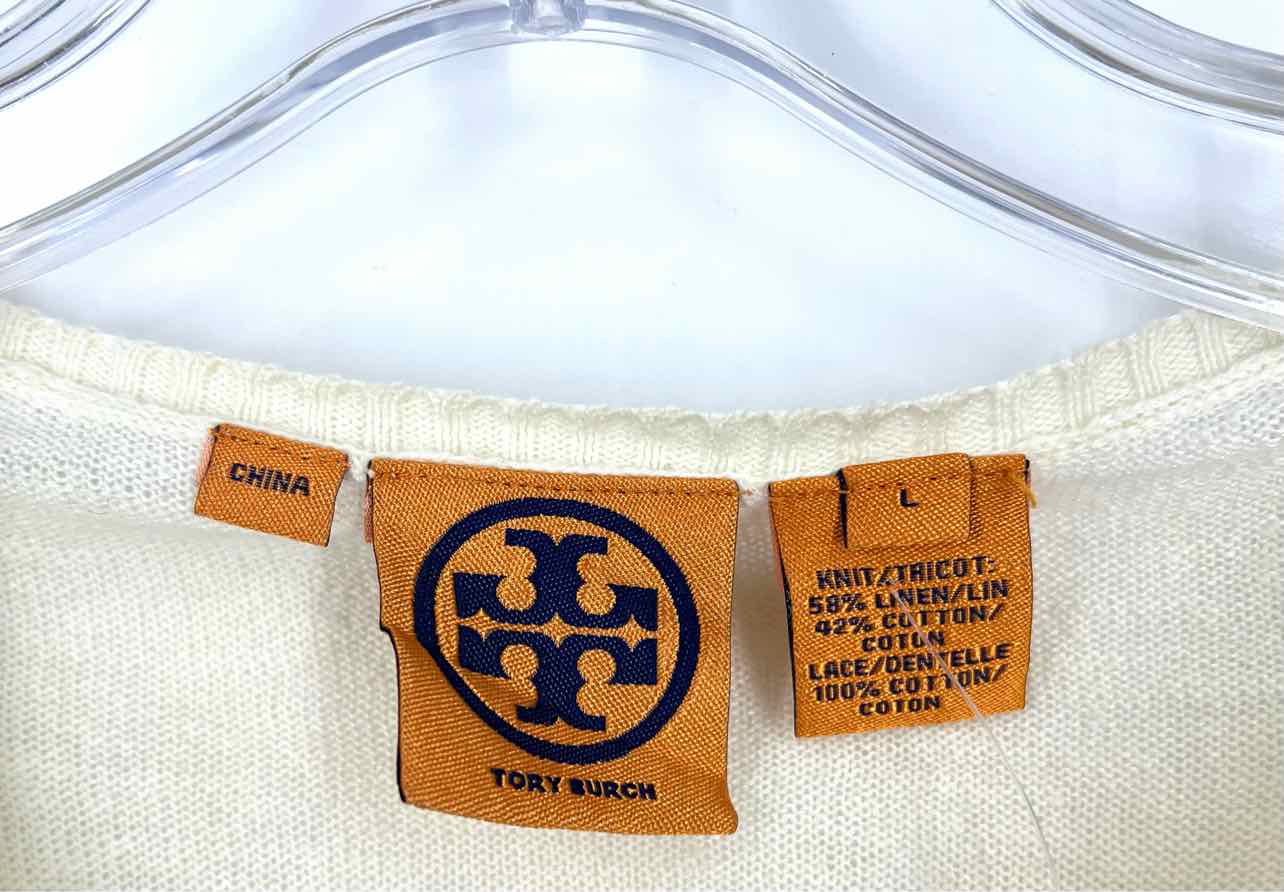 Tory Burch Size L Ivory Crochet Panel Knit Designer Cardigan - Image 3