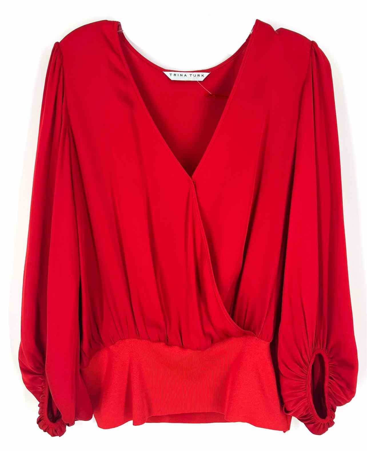 Trina Turk Size L ? Red Faux Wrap Balloon Sleeve Designer Top-Long Sleeve