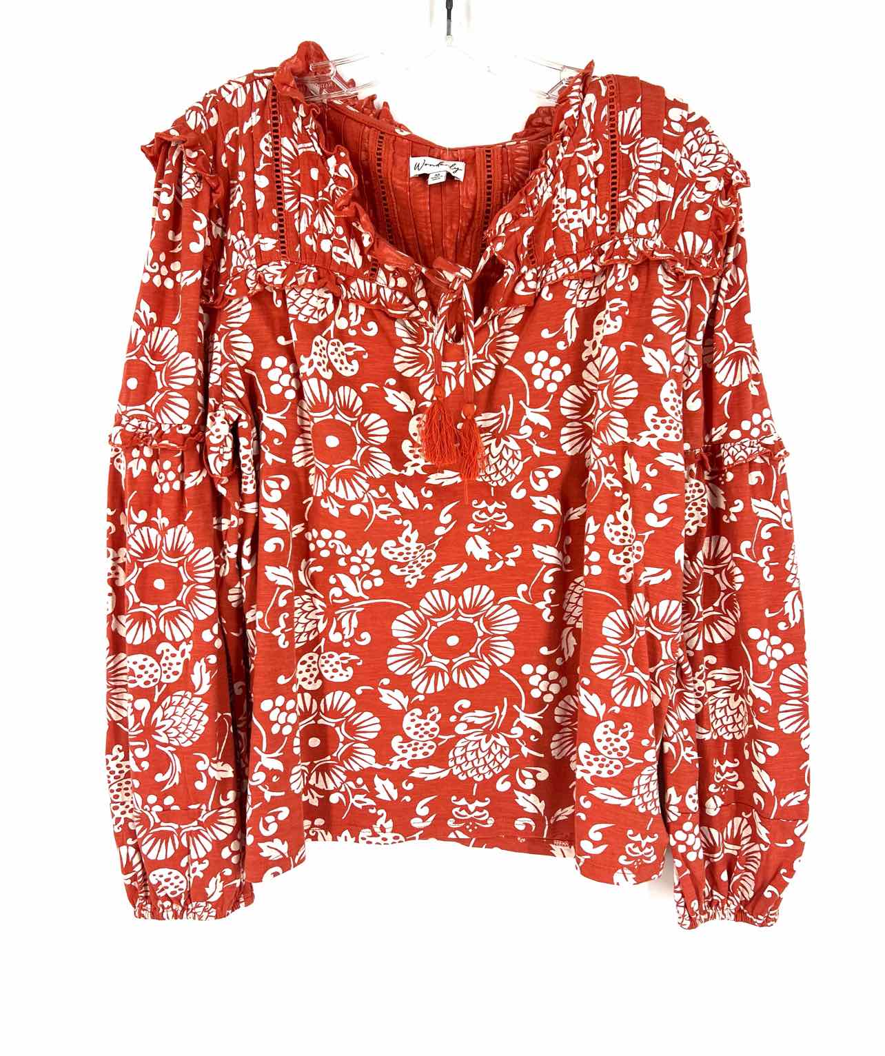 Wonderly Size M Orange/White Print Ruffle Tops Top-Long Sleeve